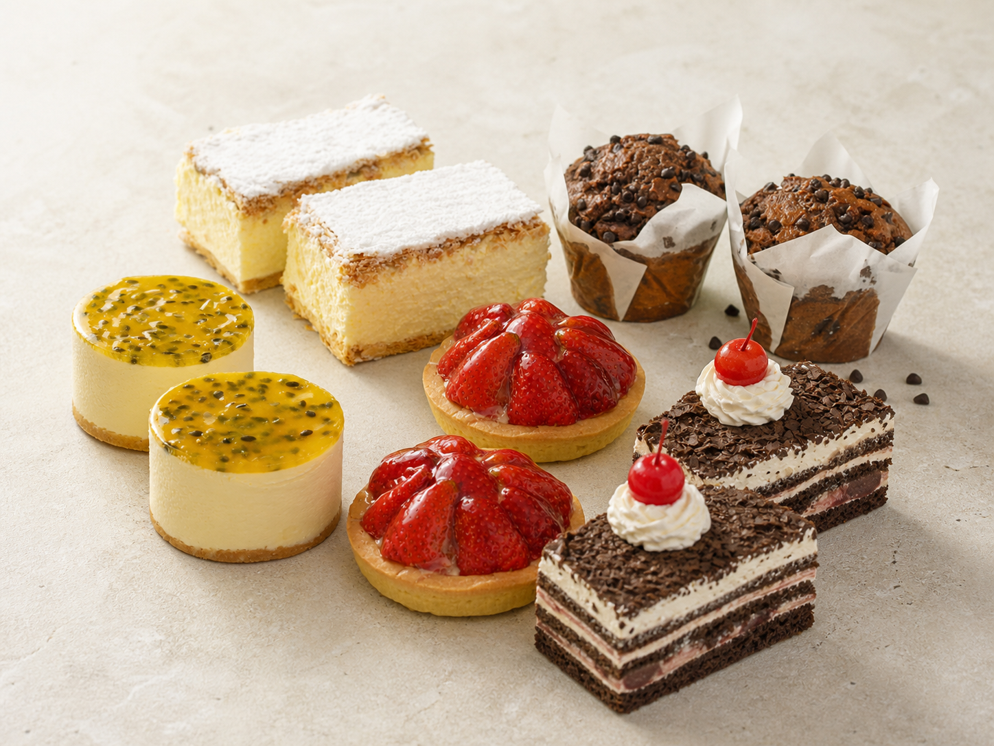 Everyday cafe desserts made by Lara’s Cakes, including passionfruit cheesecakes, strawberry tarts, vanilla slices, chocolate muffins and Black Forest cake
