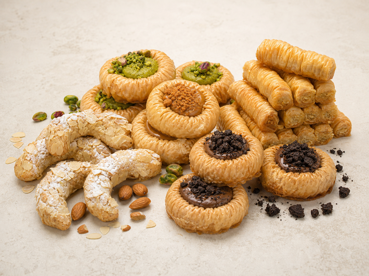 Middle Eastern treats made by Lara’s Cakes, including pistachio and biscuit-filled baklava, almond crescent cookies and syrup-glazed pastry rolls